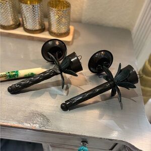 Vintage Pair of Palm Tree Black Metal Arm Wall Sconce Candle Holders